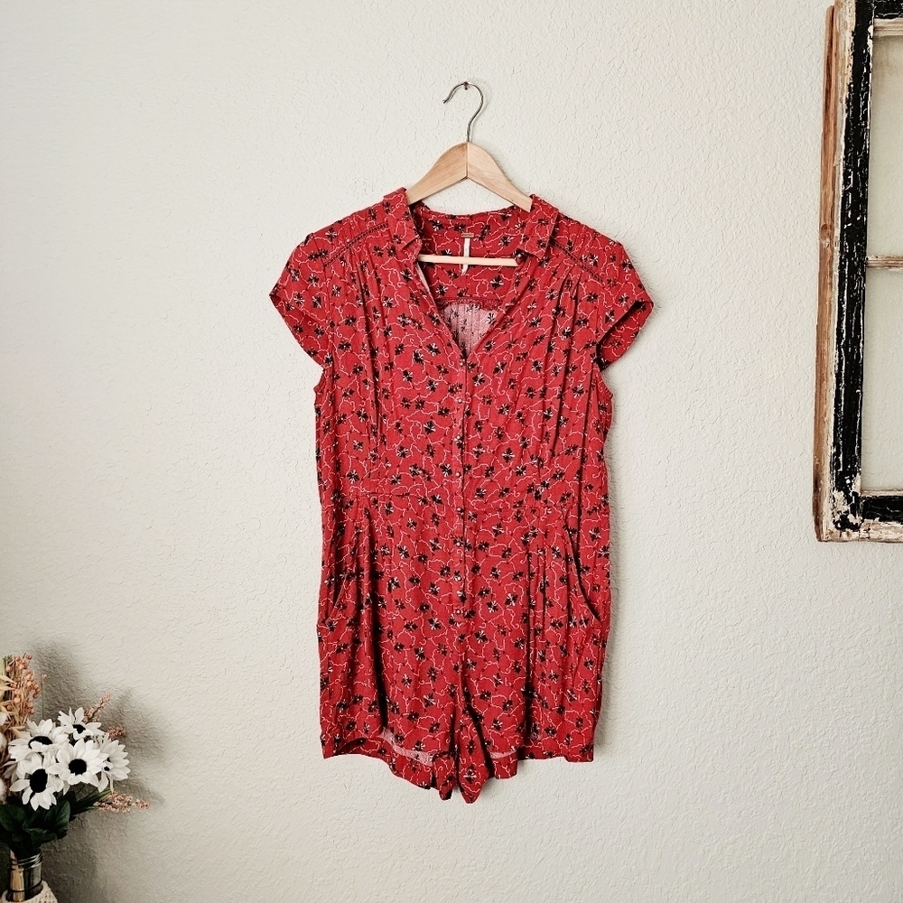 Free People Derby Dot Floral Button Up Short Sleeve Romper With Pockets Small